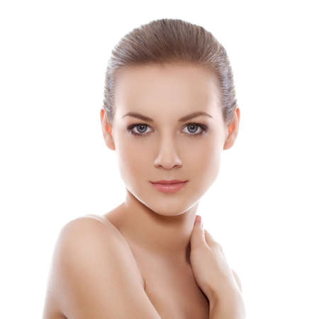 beautyful blond-brown woman portrait and shoulder over whiteの写真素材