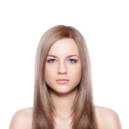 blue eyed blond-brown woman face over whiteの写真素材