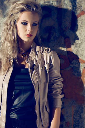 beautiful blond woman wearing leather jacket. Fashion photoの写真素材