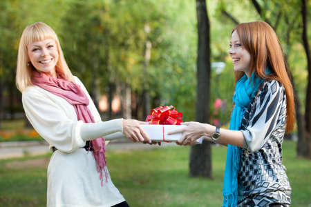 two happy sisters with gift in the summer parkの写真素材
