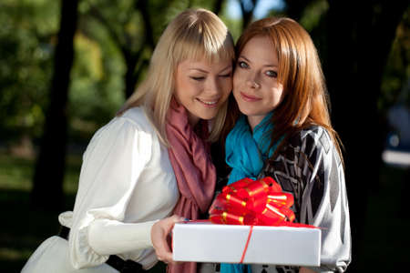 two happy sisters with gift in the summer park, one looking at cameraの写真素材