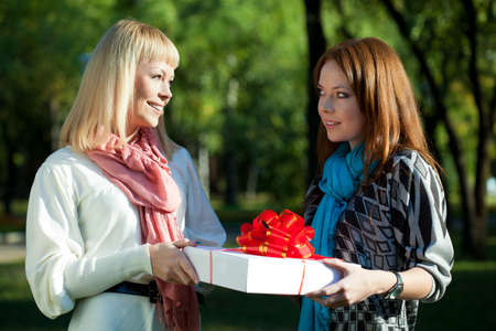 two sisters holding gift in the summer parkの写真素材