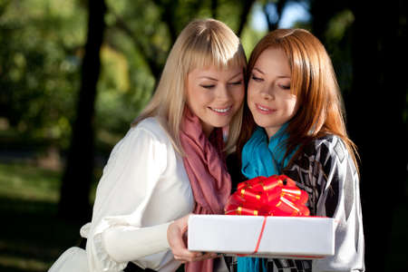 two beautiful sisters with gift in the summer parkの写真素材