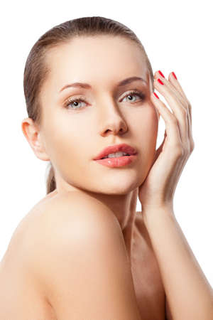 brunette caucasian woman closeup portrait over whiteの写真素材