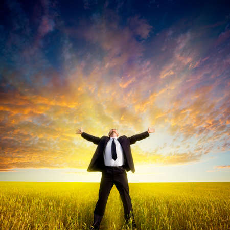 happy businessman standing on field before the sunsetの写真素材