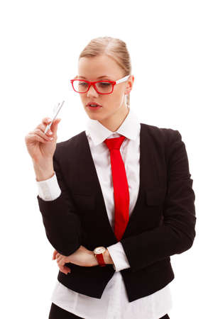 seriously businesswoman holding pen over white backgroundの写真素材