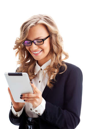 happy businesswoman  working with tablet over whiteの写真素材