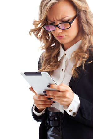 thoughtful businesswoman working with tablet over white, close up portraitの写真素材