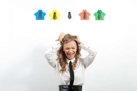 angry woman and origami shirts, staff search conceptの写真素材