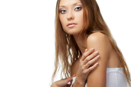 beautiful woman portrait over white background, copy spaceの写真素材