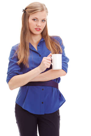 beautiful blond holding white mug over white backgroundの写真素材