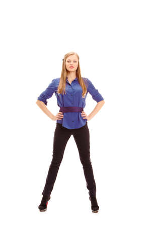 isolated beautiful blonde woman posing straddle on heelsの写真素材