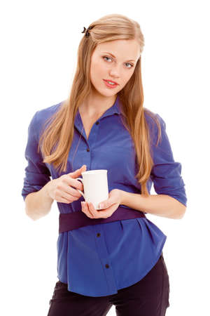beautiful blond holding white mug over white backgroundの写真素材