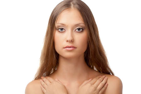 beautiful woman portrait over white backgroundの写真素材