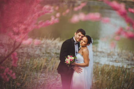 happy bridal couple walking in park among the bushes cherryの写真素材