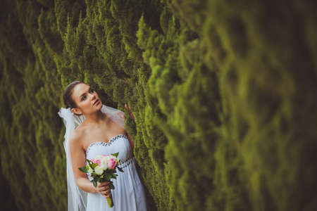 beautiful bride closeup portrait over green trees outdoor, copy spaceの写真素材