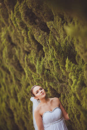 beautiful bride closeup portrait over green trees outdoorの写真素材