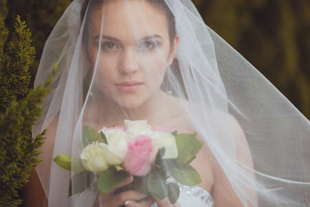 beautiful bride closeup portrait under veil over green trees outdoorの写真素材