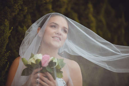 beautiful bride closeup portrait under veil over green trees outdoorの写真素材