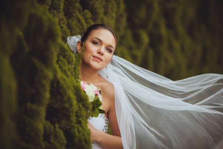 beautiful bride closeup portrait over green trees outdoorの写真素材