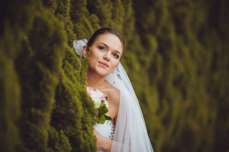 beautiful bride closeup portrait over green trees outdoorの写真素材