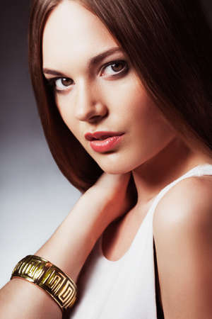 closeup woman portrait  wearing bracelet on handの写真素材