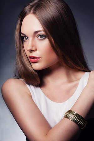 closeup woman portrait  wearing bracelet on handの写真素材