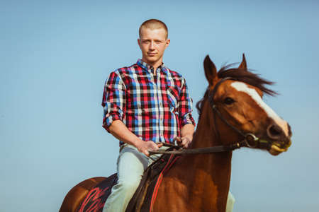 young adult cowboy style man riding horseの写真素材