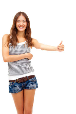 happy woman showing thubs up over whiteの写真素材