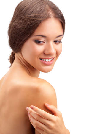 beautiful woman face portrait looking downの写真素材