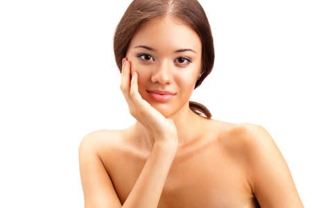 closeup beautiful woman portrait over whiteの写真素材