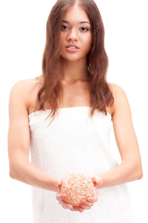 woman wrapped in bath towel over whiteの写真素材