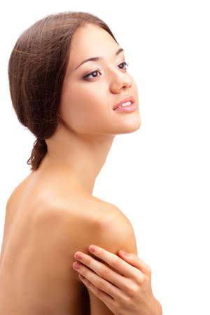 pure beautiful caucasian  woman looking up over whiteの写真素材
