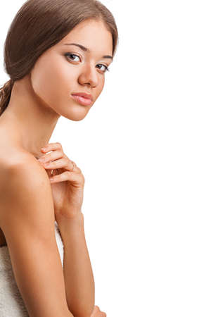 closeup portrait of beautiful woman over white backgroundの写真素材