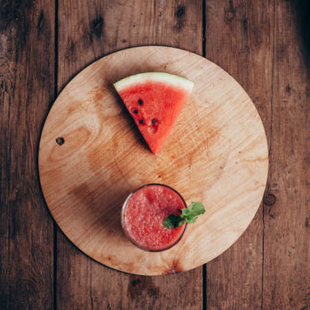 watermelon smoothie in the glass rusitc style flat viewの写真素材