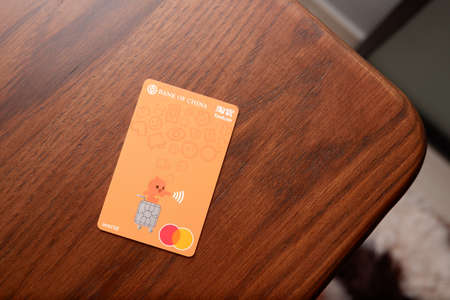 Hong Kong - 1 Jul 2021: Bank of China World Credit Card, translation read Tao Bao, a card designed...