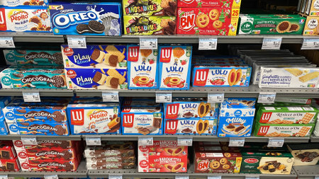 Paris , France - 1 Dec 2023: Colorful Assortment of Biscuits and Cookies on Supermarket Shelf in...