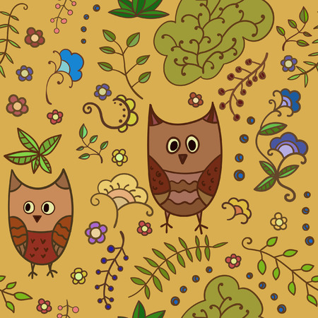 Seamless vector pattern. Background vector texture with primitively drawn plants and owls.のイラスト素材