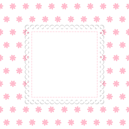 White and pink flowers vector template. White background with pink flowers and blank label with lace edging.のイラスト素材