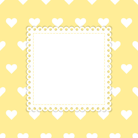 White and yellow hearts vector template. Yellow background with white hearts and blank label with lace edging.のイラスト素材