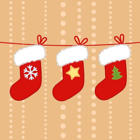 Christmas vector illustration. Red socks with decoration hanging on rope.のイラスト素材