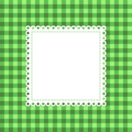 Checked green vector template. Green background with overlapping stripes and blank tag with lace edging.のイラスト素材