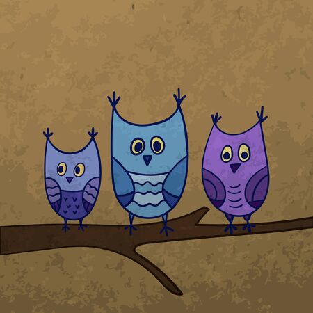 Vector owls illustration. Hand drawn doodle owls sitting on branch.のイラスト素材