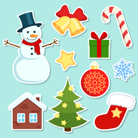 Christmas stickers set. Colorful Christmas stickers on white background.のイラスト素材