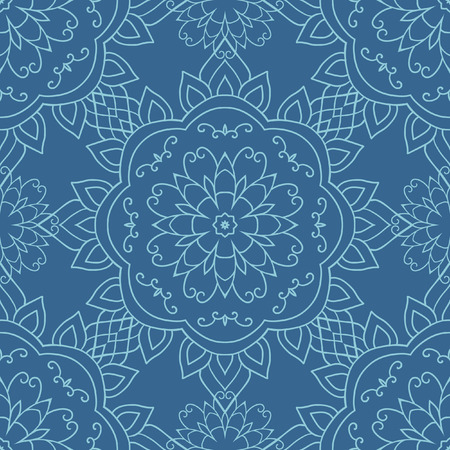 Ornamental round lace seamless pattern. Abstract floral ornament on dark blue background.のイラスト素材