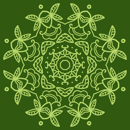 Ornamental round lace pattern. Green abstract floral ornament, isolated on dark green background.のイラスト素材