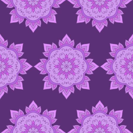 Ornamental round lace seamless pattern. Abstract floral ornament on dark purple background.のイラスト素材
