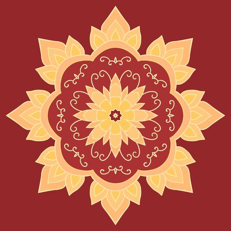 Ornamental round lace pattern. Red and yellow abstract floral ornament, isolated on dark red background.のイラスト素材