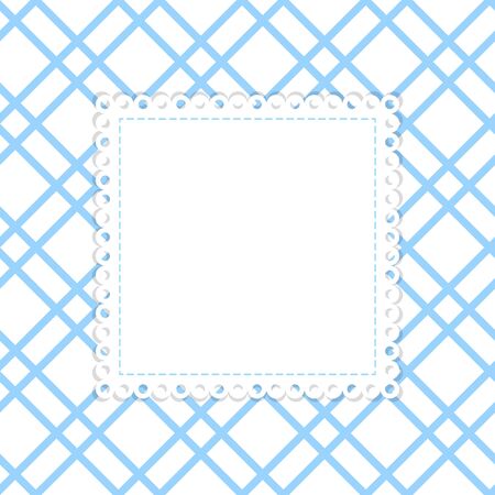 Blue and white vector template. White background with blue stripes and blank label with lace edging.のイラスト素材