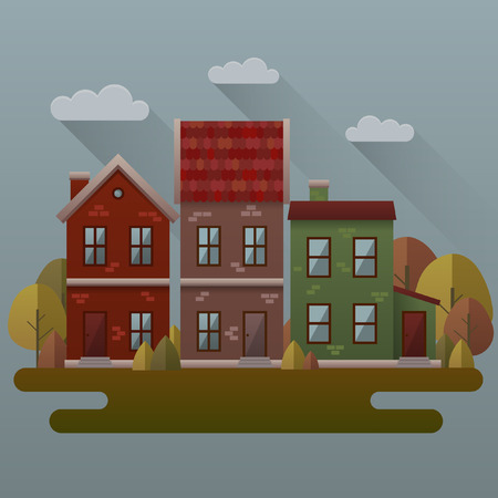 Autumn scene illustration. Vector image with houses and trees in autumn.のイラスト素材